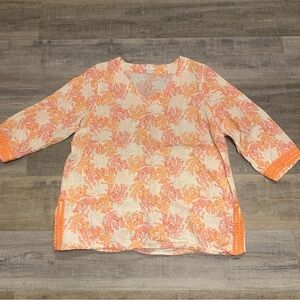 J. Jill Linen & Cotton Coral Print 3/4 Sleeve V-Neck Top Women’s Size L Petite